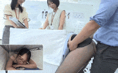 她被绑在一张特别的桌子上，穿着黑色紧身裤的臀部被抚摸