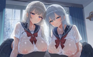 【淫乱姐妹忘带伞了回不去，但是并非忘带🥵】RJ01402727【小花衣こっこ】【WフェラW耳舐め】銀髪ダウナー双子姉妹とのあまあま密着雨濡れえっち